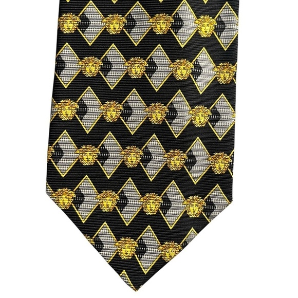 GIANNI VERSACE 90s Vintage Metallic Silk Medusa Pattern Tie Made in Italy - Picture 3 of 6